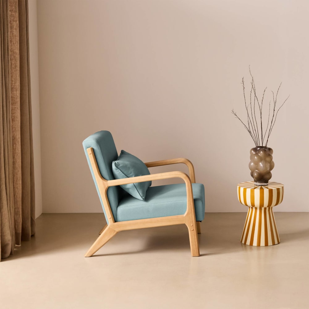 Design Sessel Holz und Stoff, Blau, gerader Sessel, skandinavische Lorens