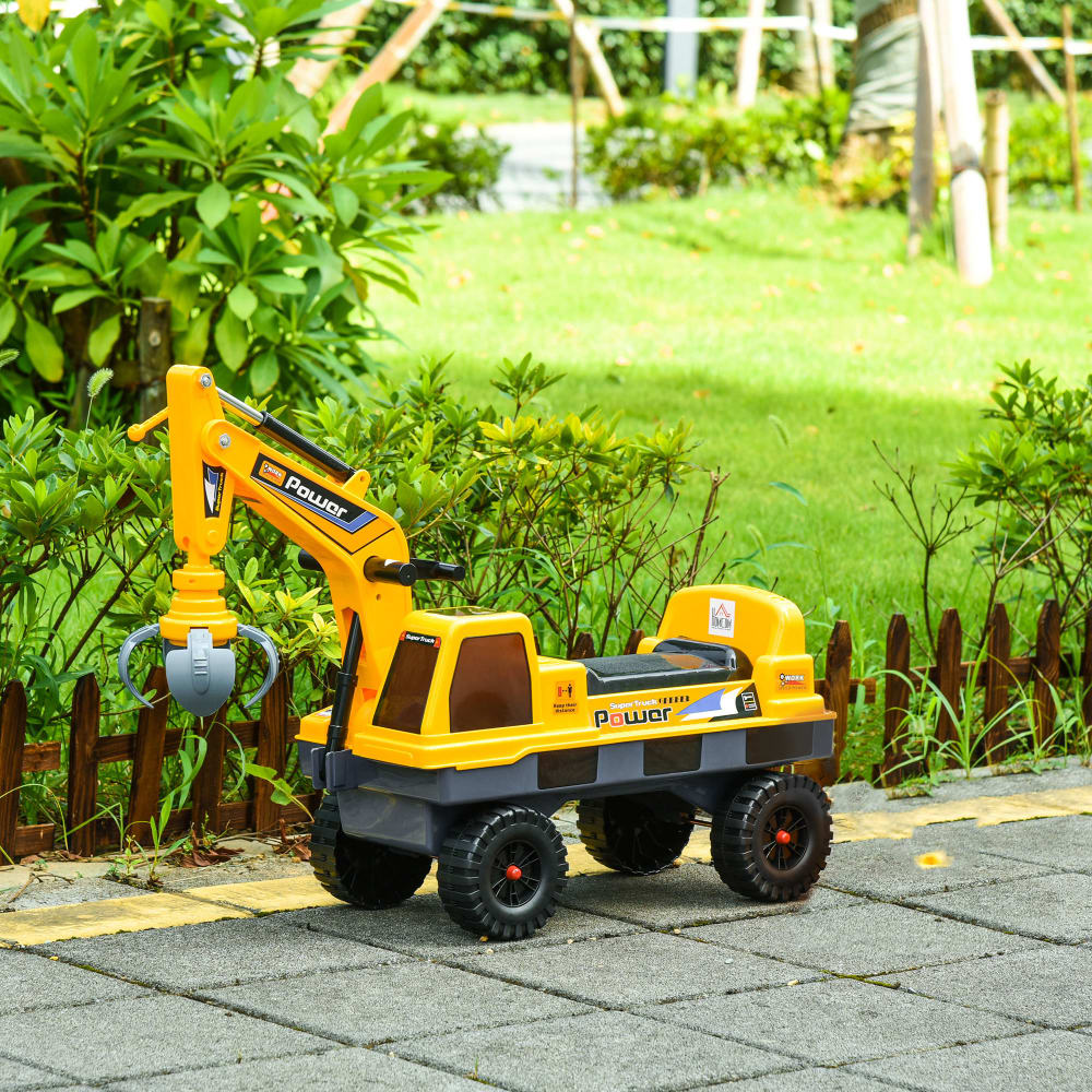 Tractopelle Enfant HOMCOM Sous Licence CAT – Pelle Manuelle, Klaxon, Rangement, Pour 12-36 Mois, Jaune
