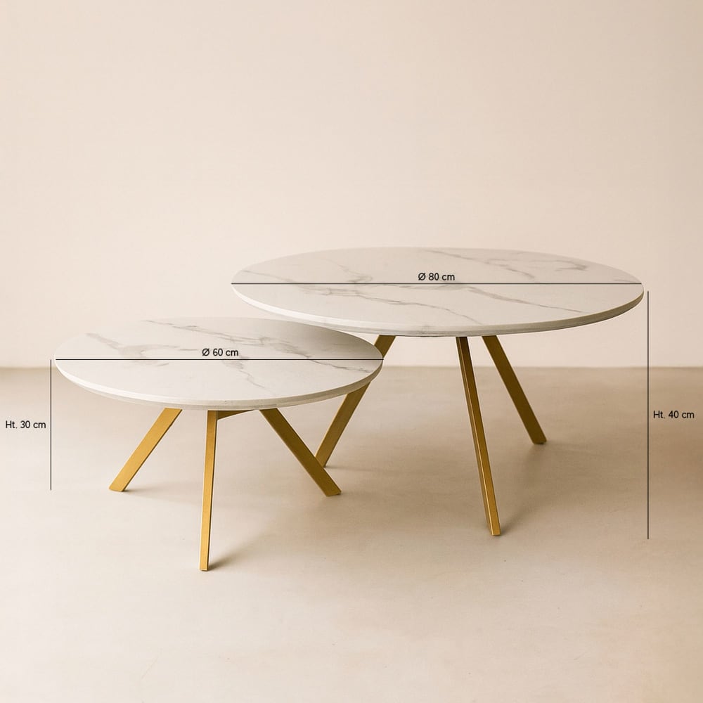 2 Tables Gigognes Sven M2 Kollektion - Céramique Travertin & Métal - 60cm & 50cm