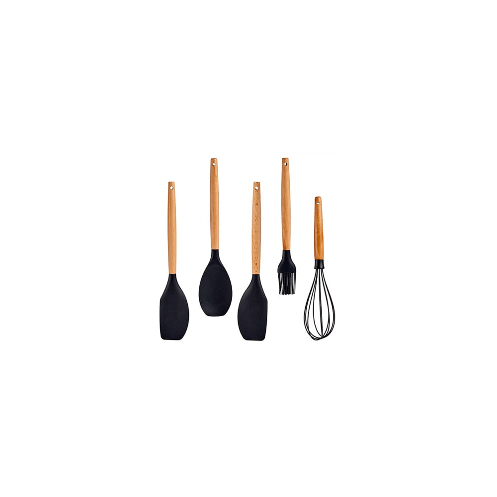 Set 5 Ustensiles Cuisine BIRAMBEAU - Manche Bambou & Tête Silicone Effet Marbre - Spatule, Louche, Cuillère Spaghetti, Maryse, Cuillère