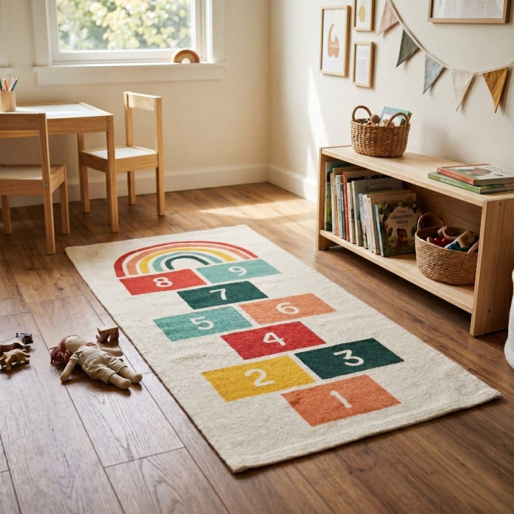 Waschbarer Kinderteppich Baumwolle Hüpfkästchen bunt 60×120 Kids