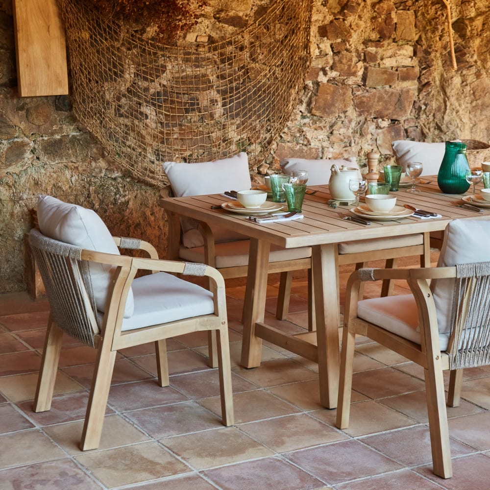 Set Gartentisch 230×100 cm und 8 Stühle Holz und Seil Siena