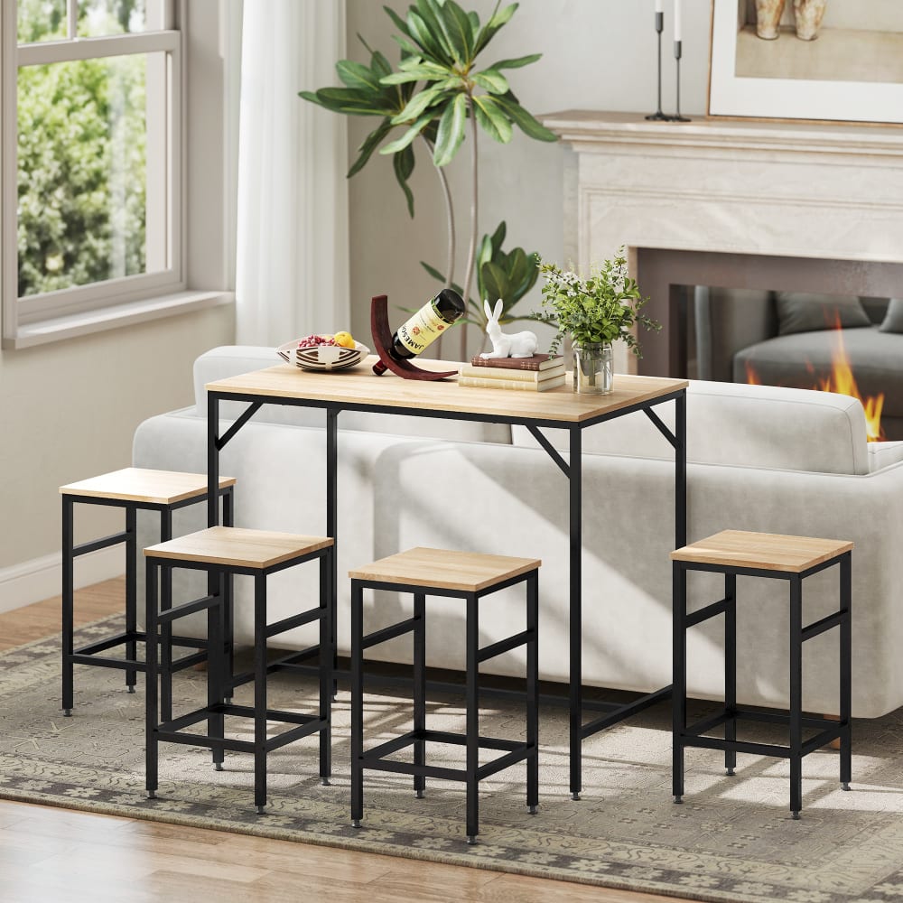 Ensemble Table De Bar HOMCOM 3 Étagères + 2 Tabourets Style Industriel Noir Et Bois