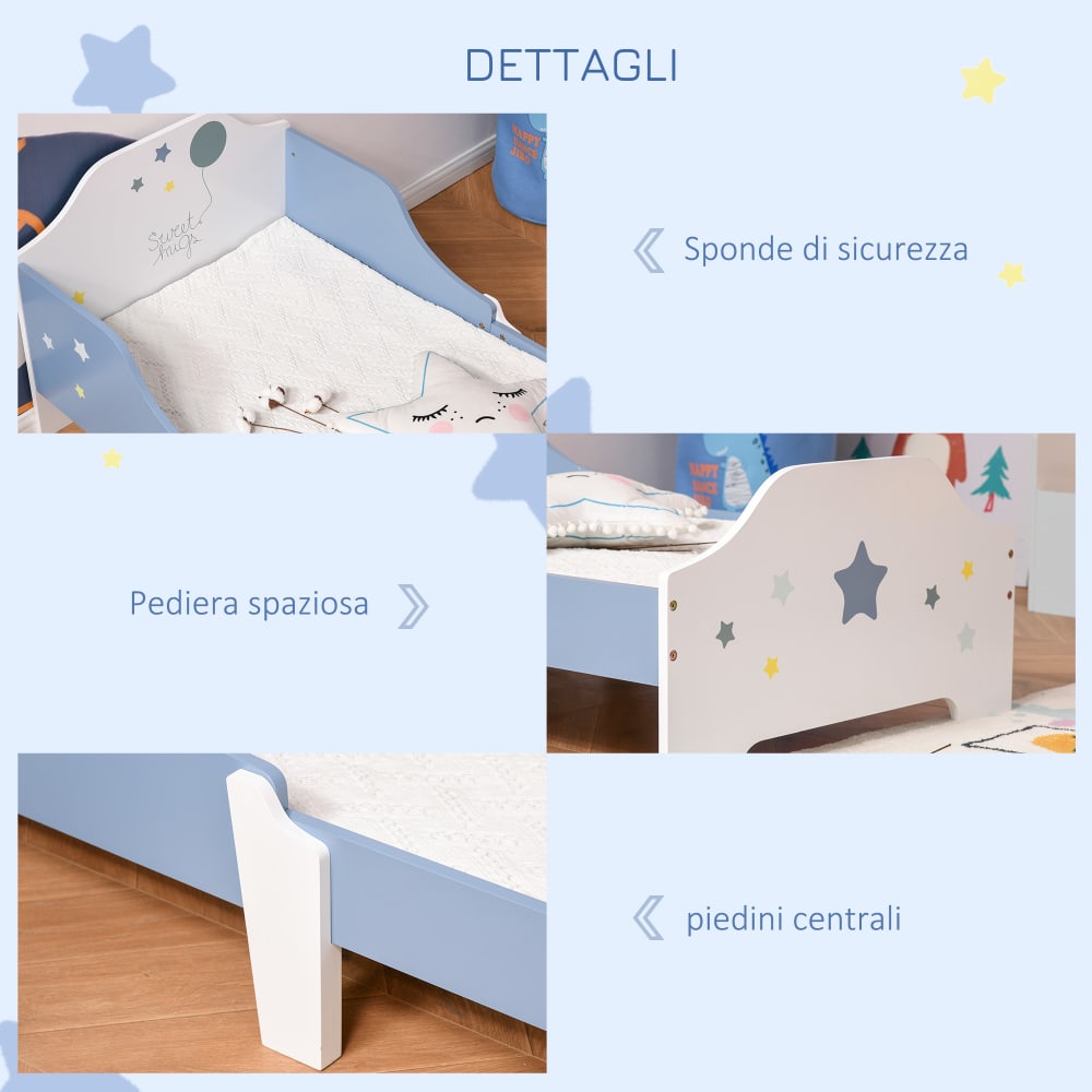 Lettino Basso DecHome Per Bambini 3-6 Anni, Blu Con Stelline, 143x74x59 Cm, Con Sponde Laterali E Struttura In MDF E Compensato Di Pioppo