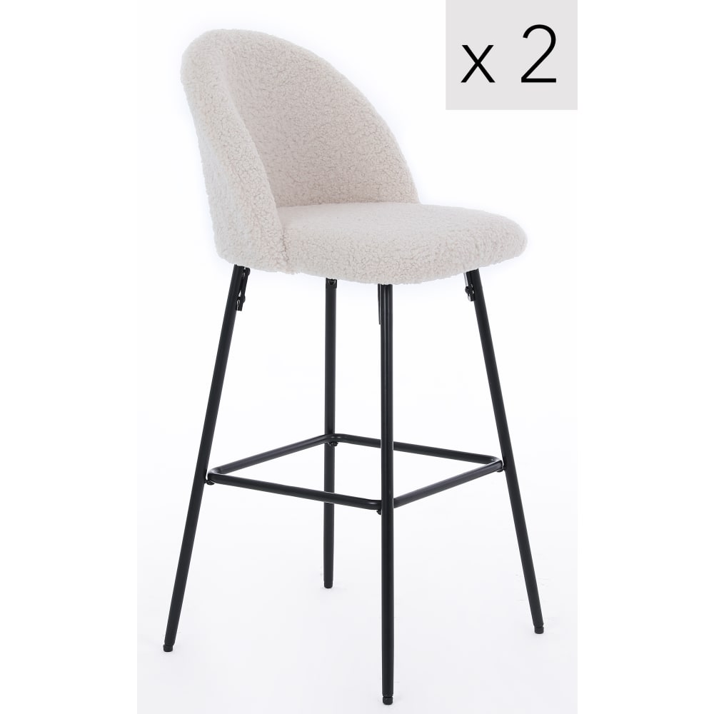 Lot de 2 tabourets de bar en tissu bouclette et métal doré - Blanc - LOLY Lot de 2 tabourets de bar en tissu bouclette et métal doré - Blanc - LOLY