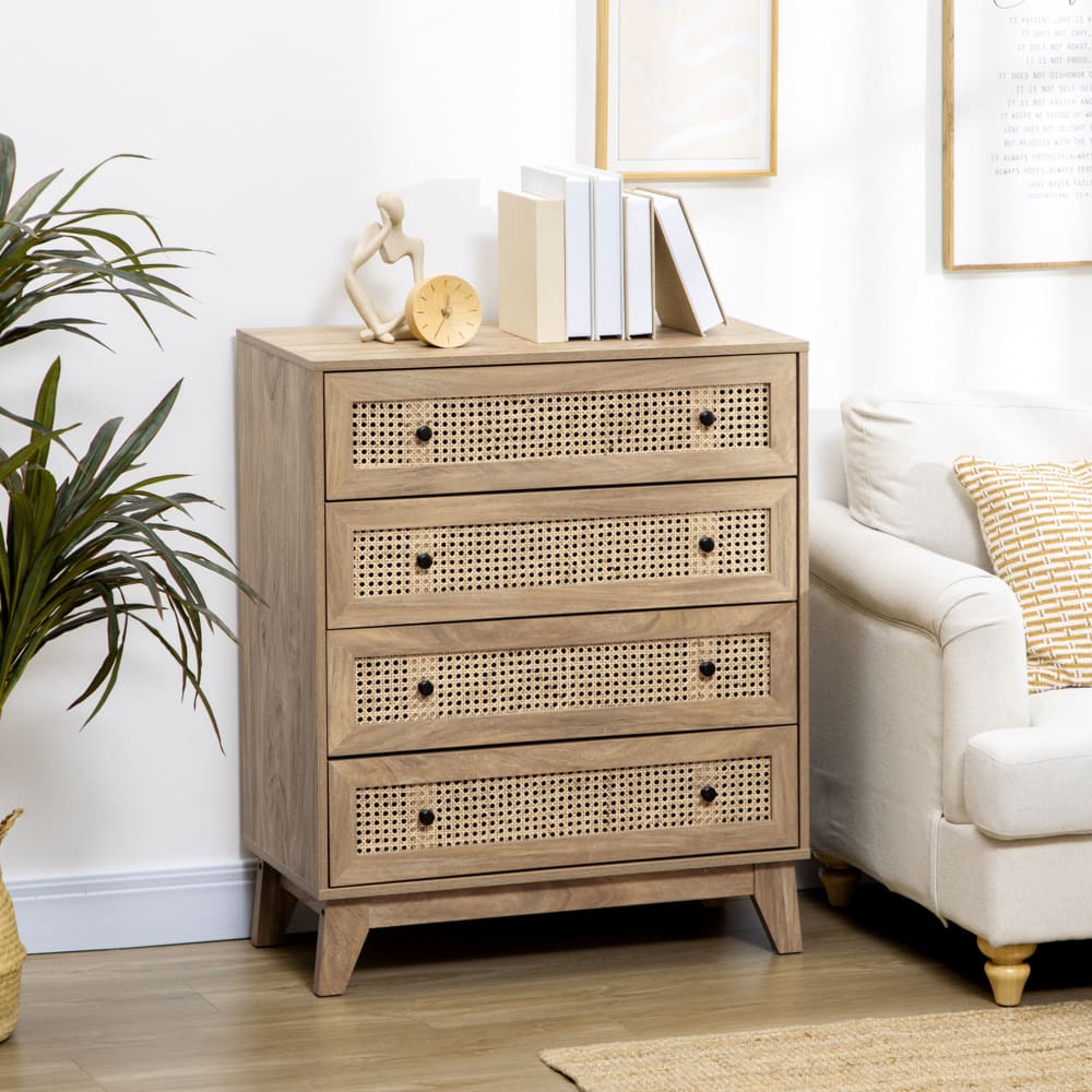 HOMCOM Commode Bohème 3 Tiroirs En Rotin Et Bois - Meuble Rangement Chambre, Salon Ou Couloir, Style Naturel Chic, Noir Mat, Pieds Élevés