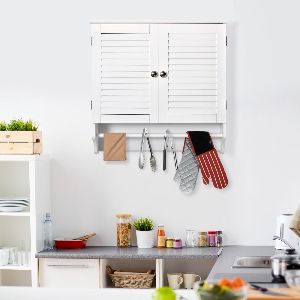 Armoire Murale Salle De Bain Avec Barre De Serviettes - Rangement Au-Dessus Toilettes, 2 Portes & Étagère Réglable, Blanc Élégant