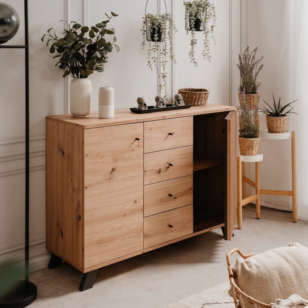 Sideboard mit 2 Türen und 4 Schubladen, Eichenholzoptik L118 cm Lublin