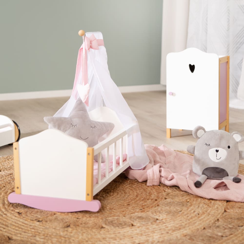ROBUD Lit Poupon En Bois Avec Armoire, Rangement Et Crochets – Pour Poupées Jusqu'à 55 Cm, Dès 3 Ans (Rose)