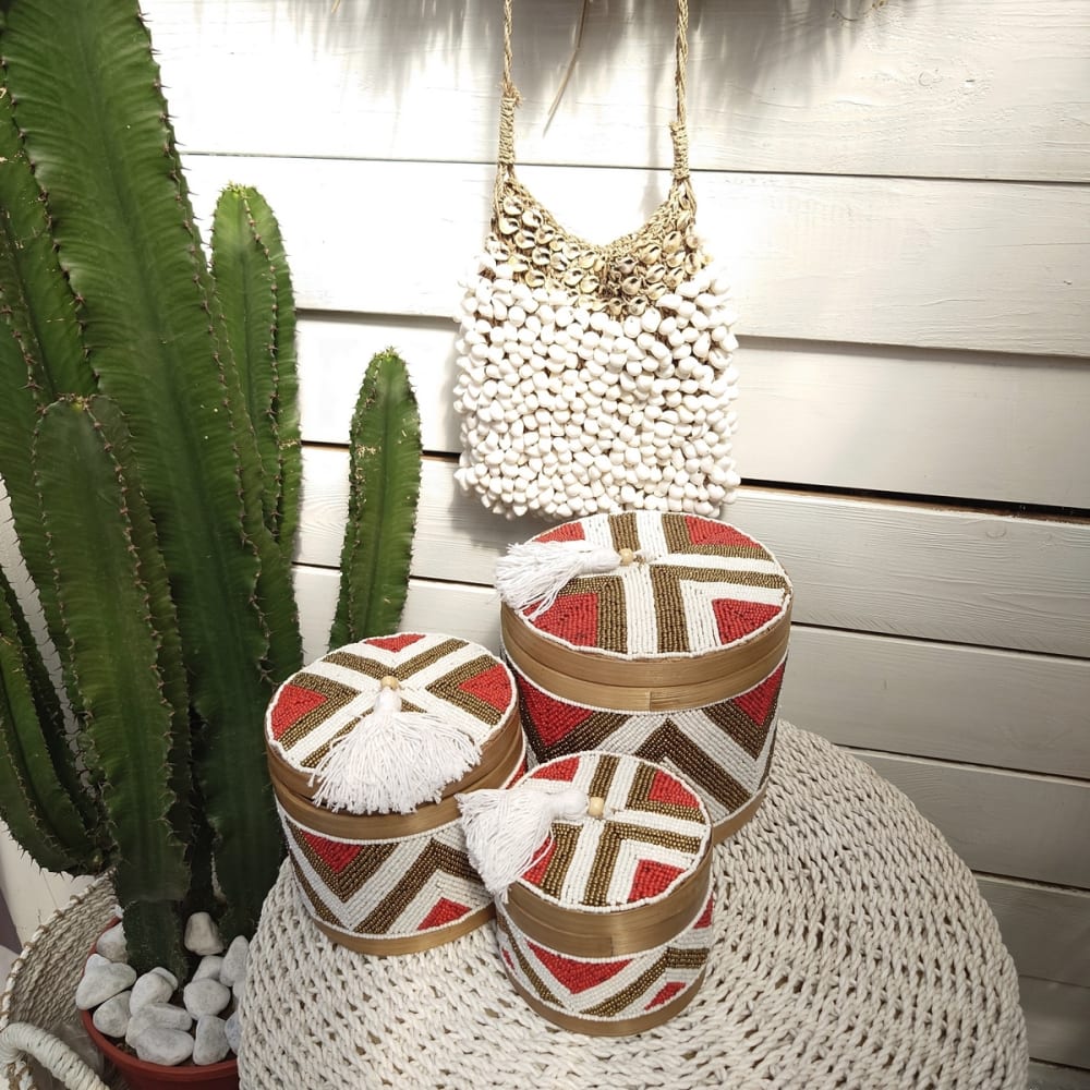 3er Set Boxen aus Bambus, Perlen und Muscheln, rot INDY | Maisons du Monde