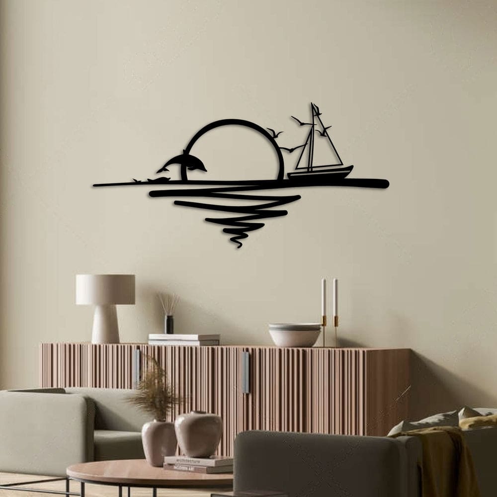 Freerirton Sculpture Murale Métal Lever De Soleil - Soleil Et Mouettes En Ligne Minimaliste, Décoration Abstraite Coucher De Soleil, 30x16 Cm, Noir Mat, Robuste Et Élégante