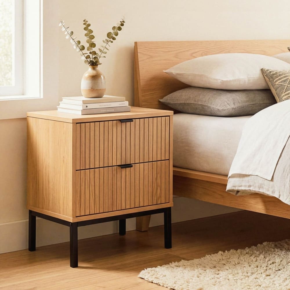 Nachttisch 2 Schubladen Effekt Holz mit Rillen - H51cm Tara