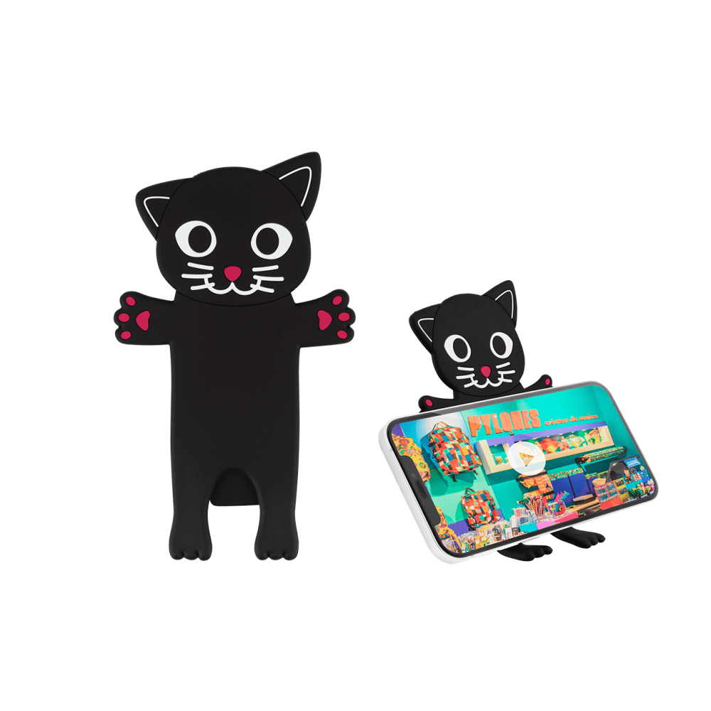 Support de téléphone noir en forme de chat, qui tient un smartphone