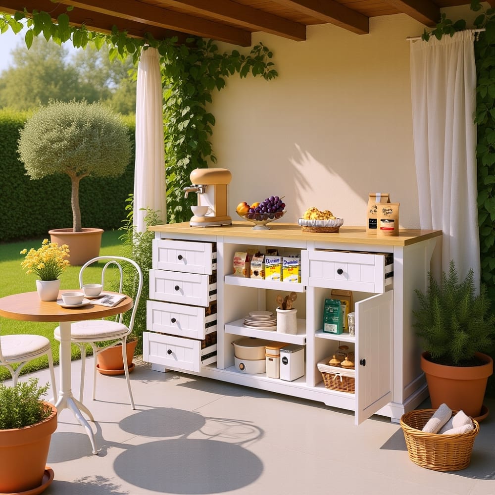Gartentisch aus Weiß und Holz mit integriertem Stauraum