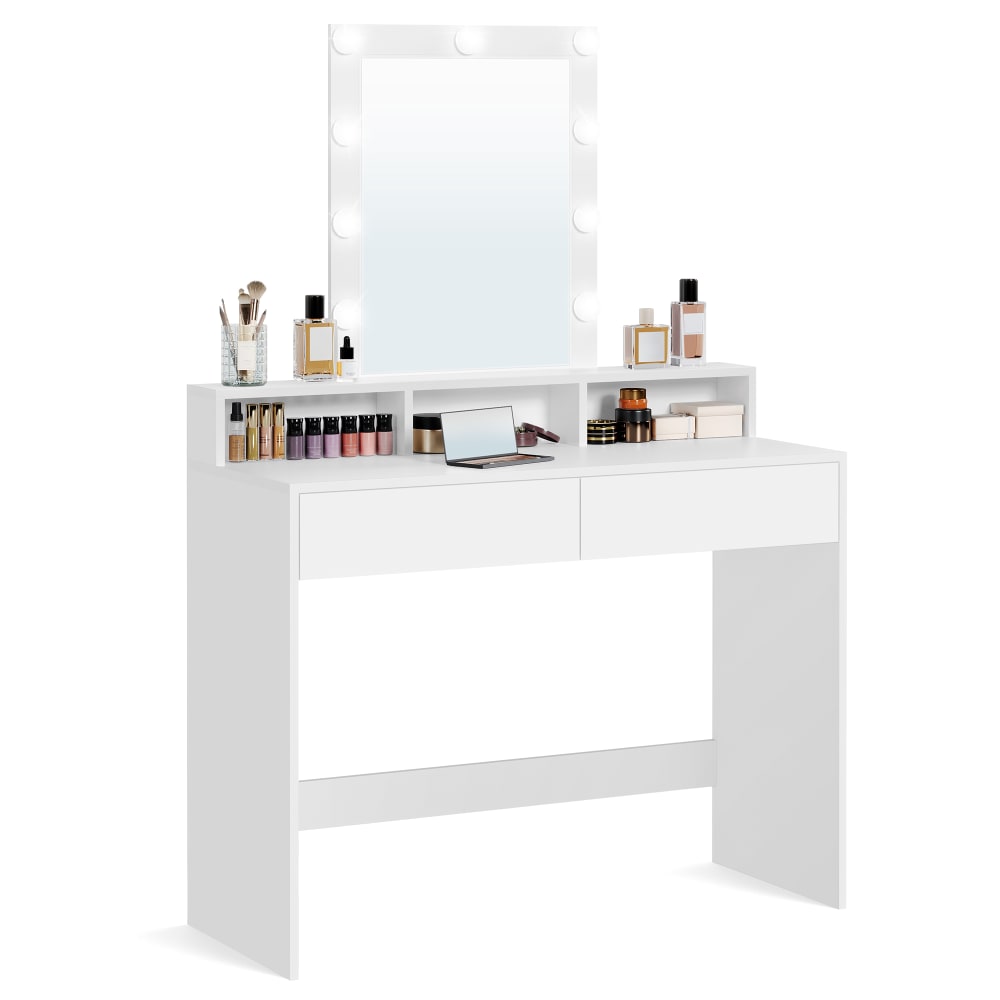 Coiffeuse Avec Miroir Pliable 100x40 Cm - 3 Tiroirs, Panneaux Particules, Blanc Et Naturel, Pour Chambre, Bureau Maquillage