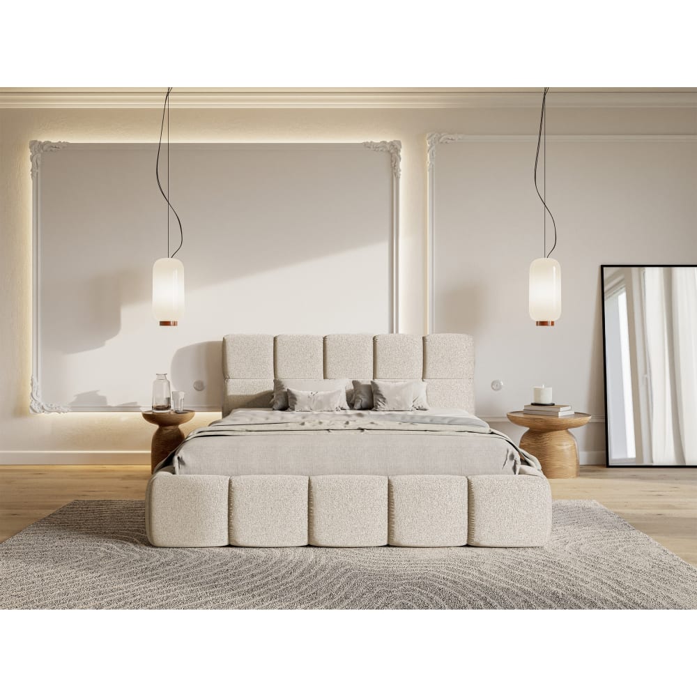 Bett mit Polsterrahmen, Chenille-Bezug in Hellbeige, 180 cm Cloudy