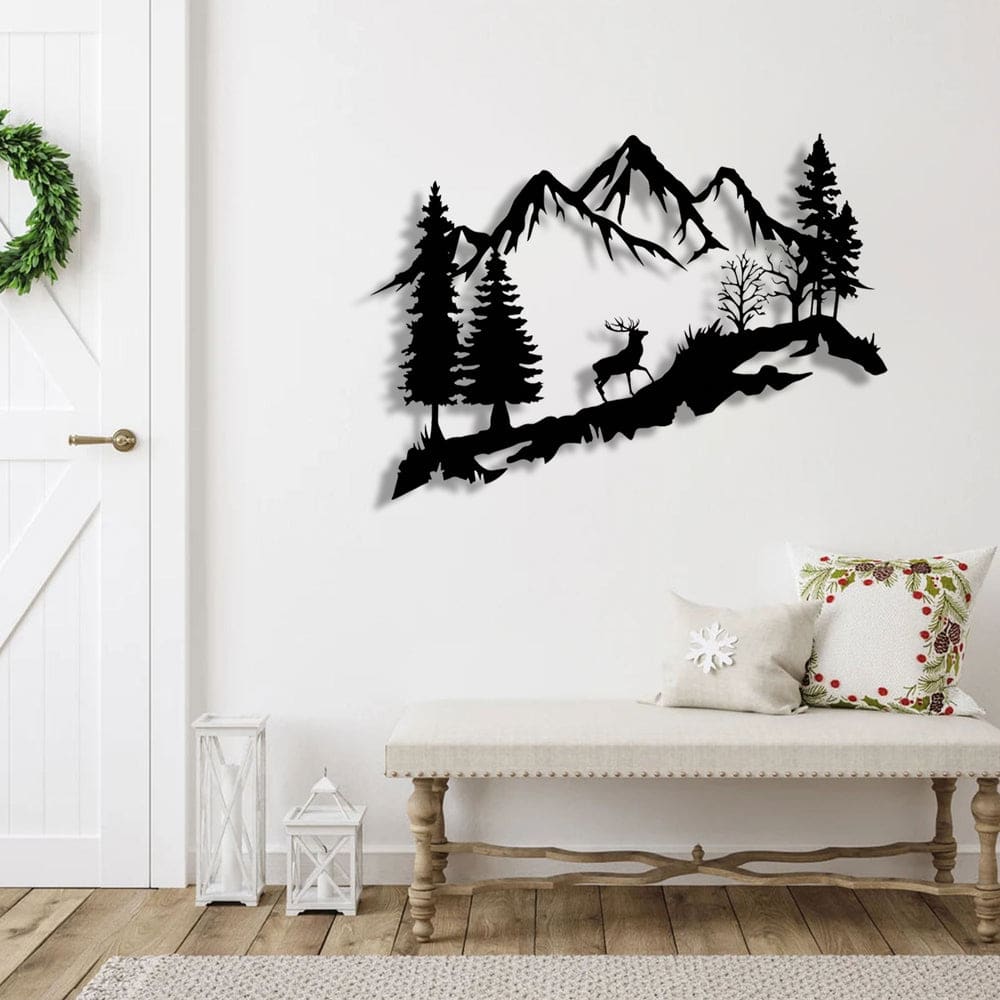 Décoration murale mountain et cerf en métal noir 75x53 cm | Maisons du Monde