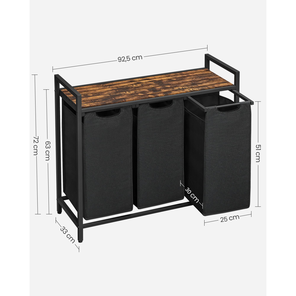 Panier à Linge 3 Compartiments 140L Avec Couvercle - Tissu Oxford Noir - Idéal Buanderie Et Salle De Bain