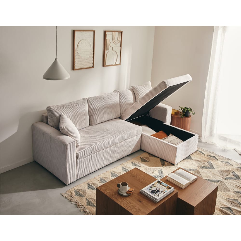 Canapé d'angle réversible convertible 4 places en velours côtelé beige