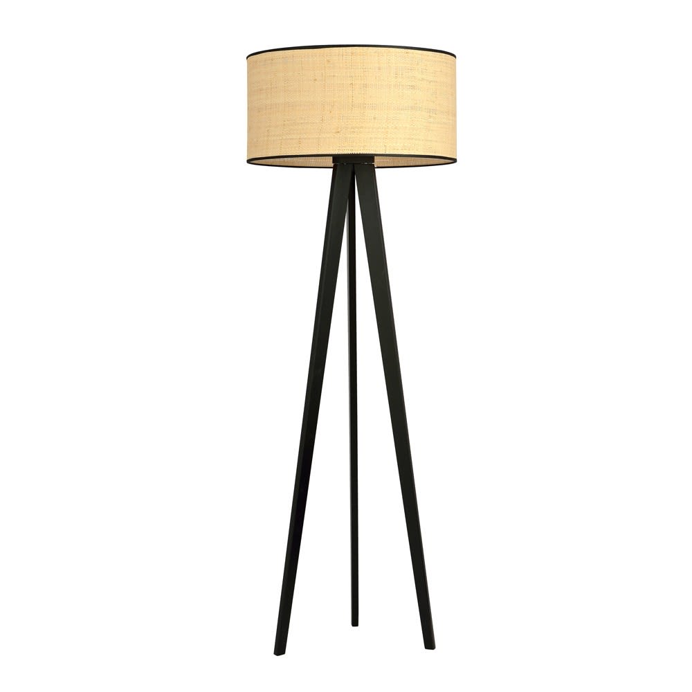 Rayofly Lámpara De Pie De Ratán Para Salón, Regulable Con Mando A Distancia Y Control Por App, Estilo Boho Con Pantalla De Ratán Y Lino, Negra (Bombilla Incluida