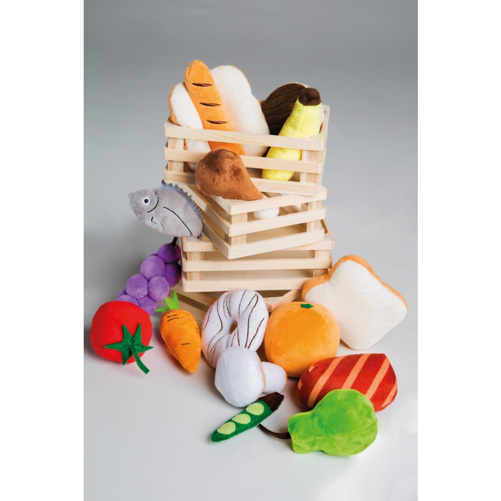 Roba Set 16 Fruits & Légumes Peluche + 4 Paniers Bois - Jouets Aliments Pour Cuisine Marchande Enfant