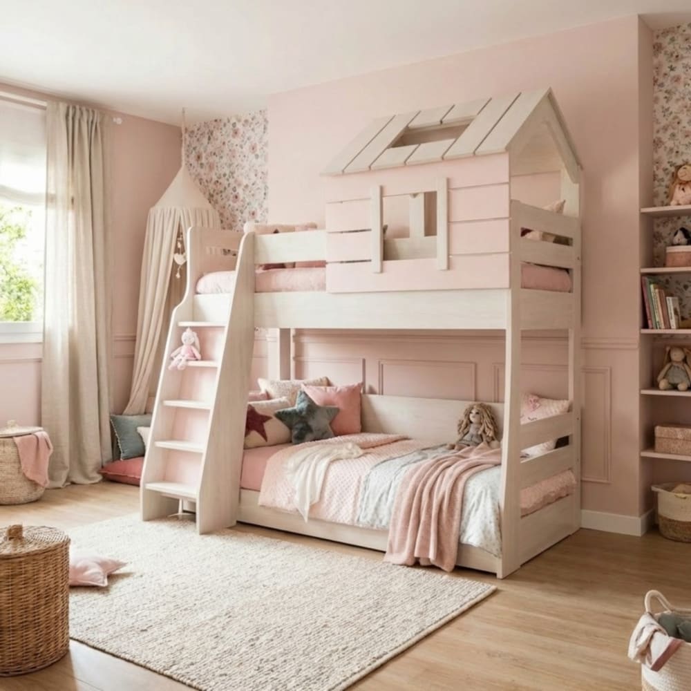 Etagebett Häuschen mit Treppe links rosa 90/100x200cm Iris