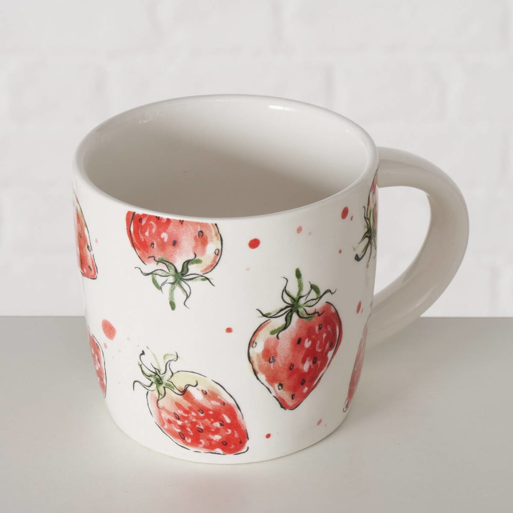 Teebecher mit Erdbeermuster aus Keramik, 450 ml, weiß Strawberry