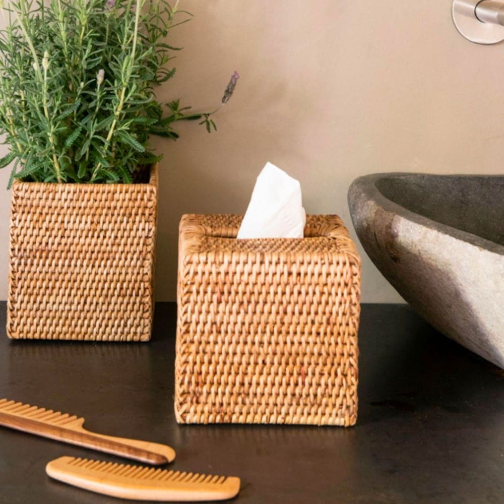 Boîte à Mouchoirs En Rotin Naturel Tissé Main – Carré 14x14x14,5 Cm – Blanc – Distributeur Décoratif Élégant Et Écologique