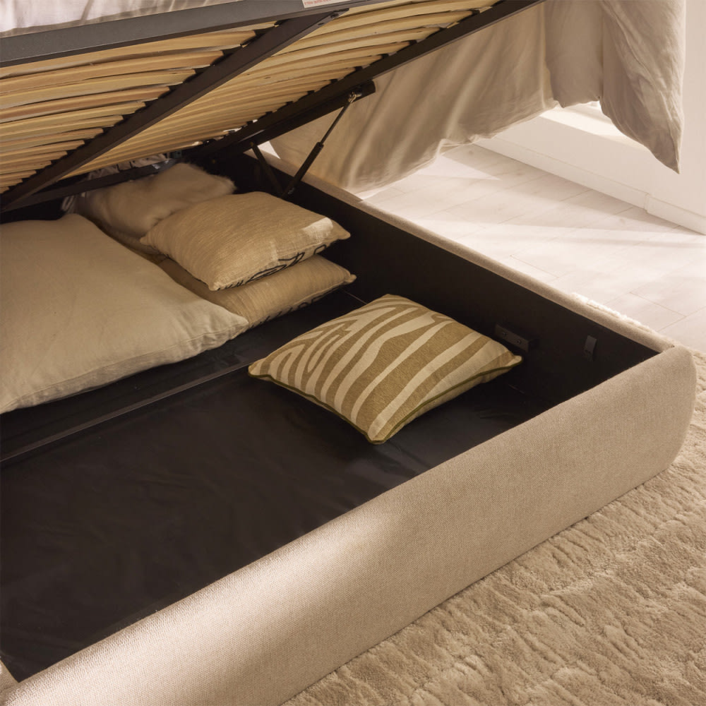 Lit coffre 2 places 160x200 cm en tissu texturé beige HONO
