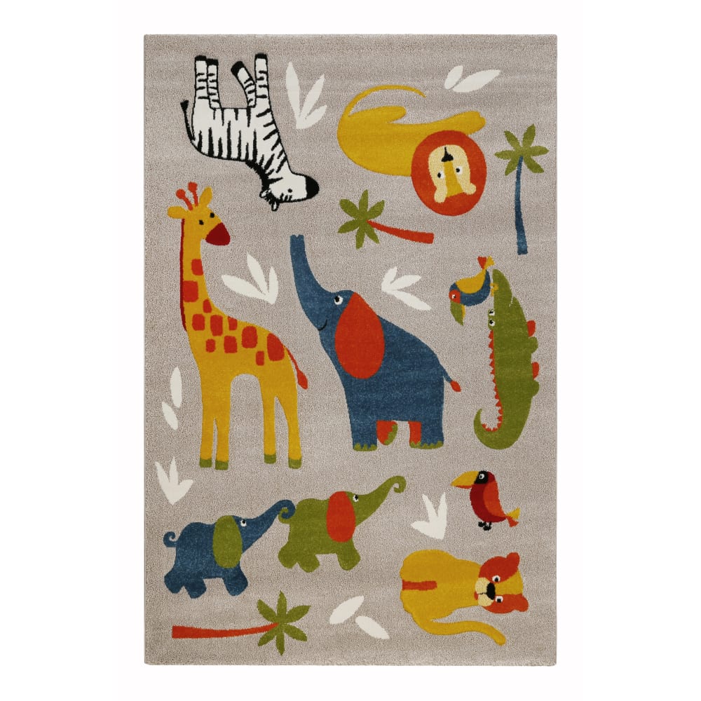 Tappeto Da Gioco Per Bambini Animali Africani – Giraffa, Leone, Elefante – Grigio, Marrone, Crema – 160x230 Cm – Certificato Oeko-Tex