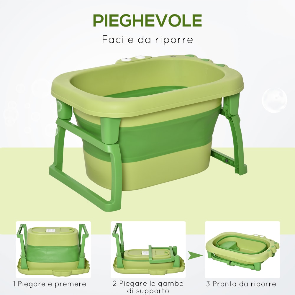Vasca Da Bagno Pieghevole Per Neonati E Bambini (0-8 Anni) - Portatile, Multiuso, Con Tappo Di Scarico, Verde