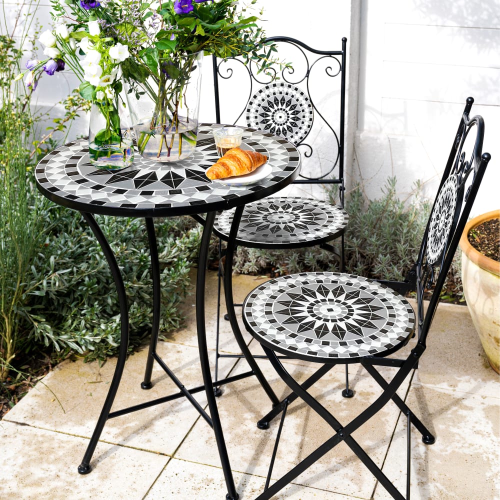 Bistroset mit 2 Stühlen mit Mosaik Design, schwarz/weiß Amélie