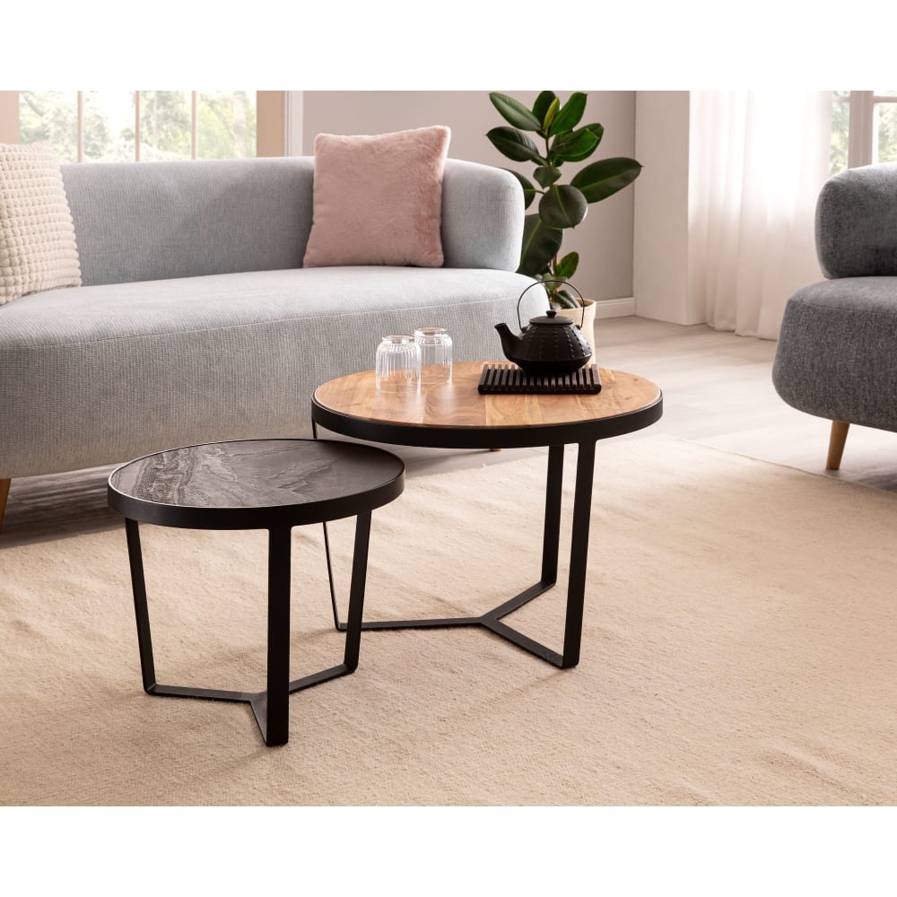 RIVERBANK Couchtisch Rund – 2er-Set Satztische Aus Massiv-Eiche, Vintage, Mit Eisenrahmen – Großer Tisch 75 Cm, Kleiner 58 Cm – Stabil, Leicht Aufbaubar, Platzsparend Couchtisch Rund 2er-Set