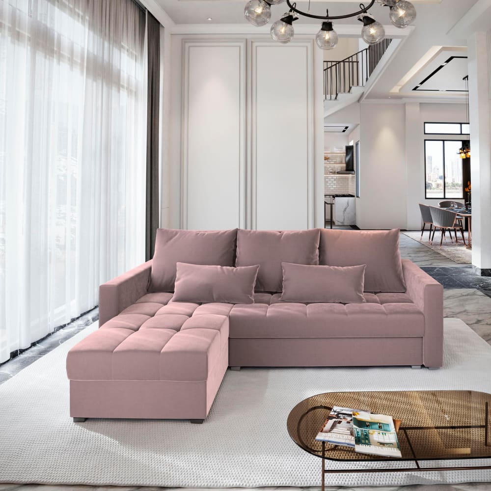 Ecksofa mit Schlaffunktion aus Plüsch-Stoff, Rosa Kos pik