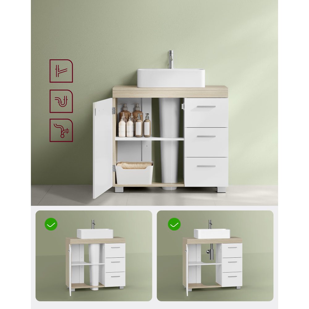 Meuble sous lavabo 3 tiroirs 2 cases blanc nuage beige naturel | Maisons du Monde