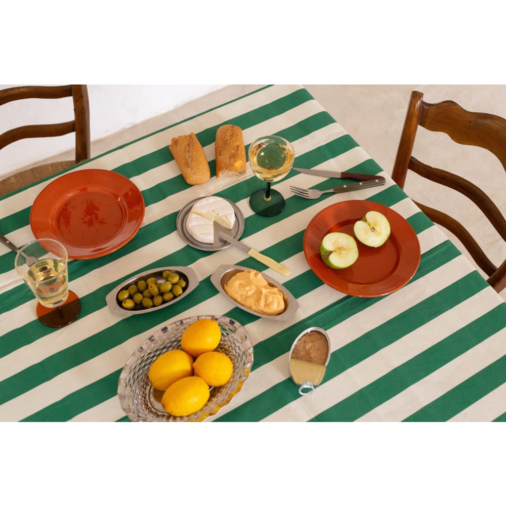 Tovaglia In Cotone E Lino A Righe Con Nappe - Antimacchia E Antiscivolo Per Tavolo Rettangolare 140x178 Cm, Verde, 4-6 Posti - 2