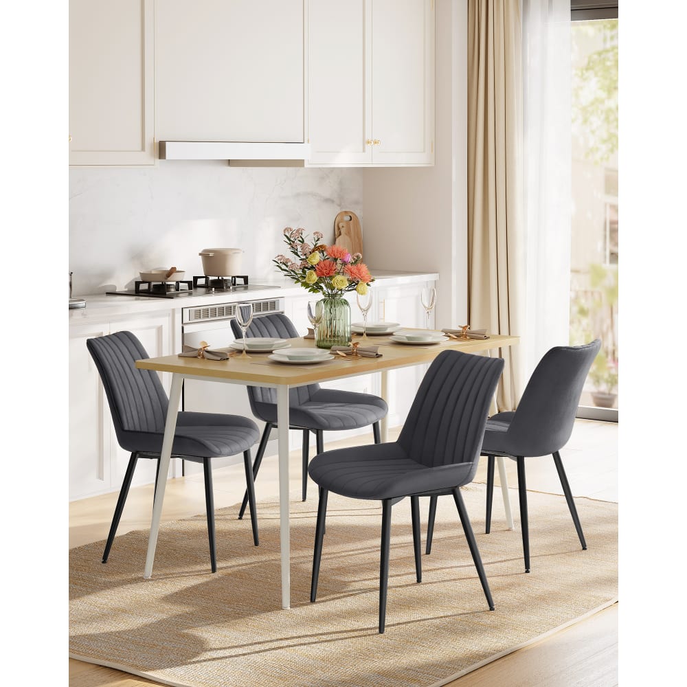 Chaises De Salle à Manger , Lot De 4 Chaises En PU Et Lin Avec Dossier à Rayures Et Structure Metallique Noir 98733686
