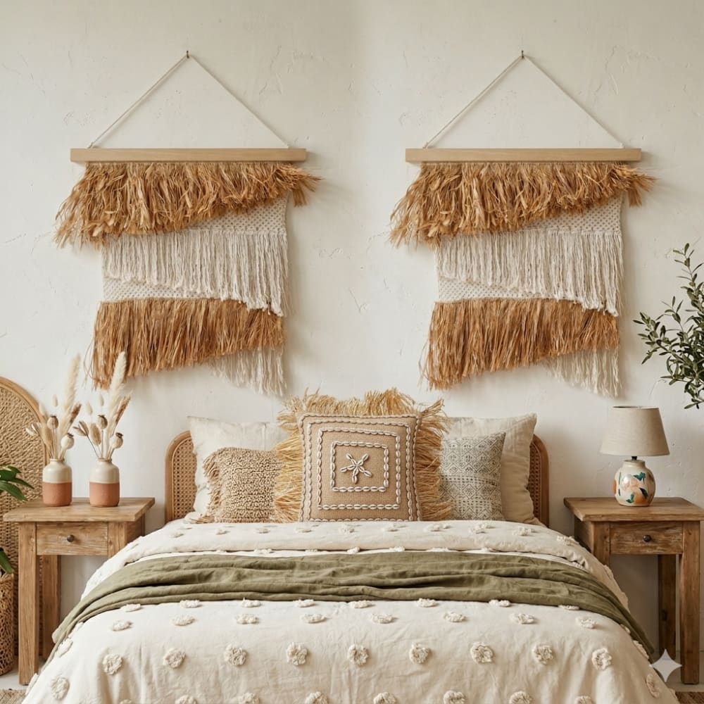 Tenture Murale Macramé Feuilles Et Pompons – Décoration Bohème Fait Main 40x62 Cm Pour Salon, Chambre, Mariage