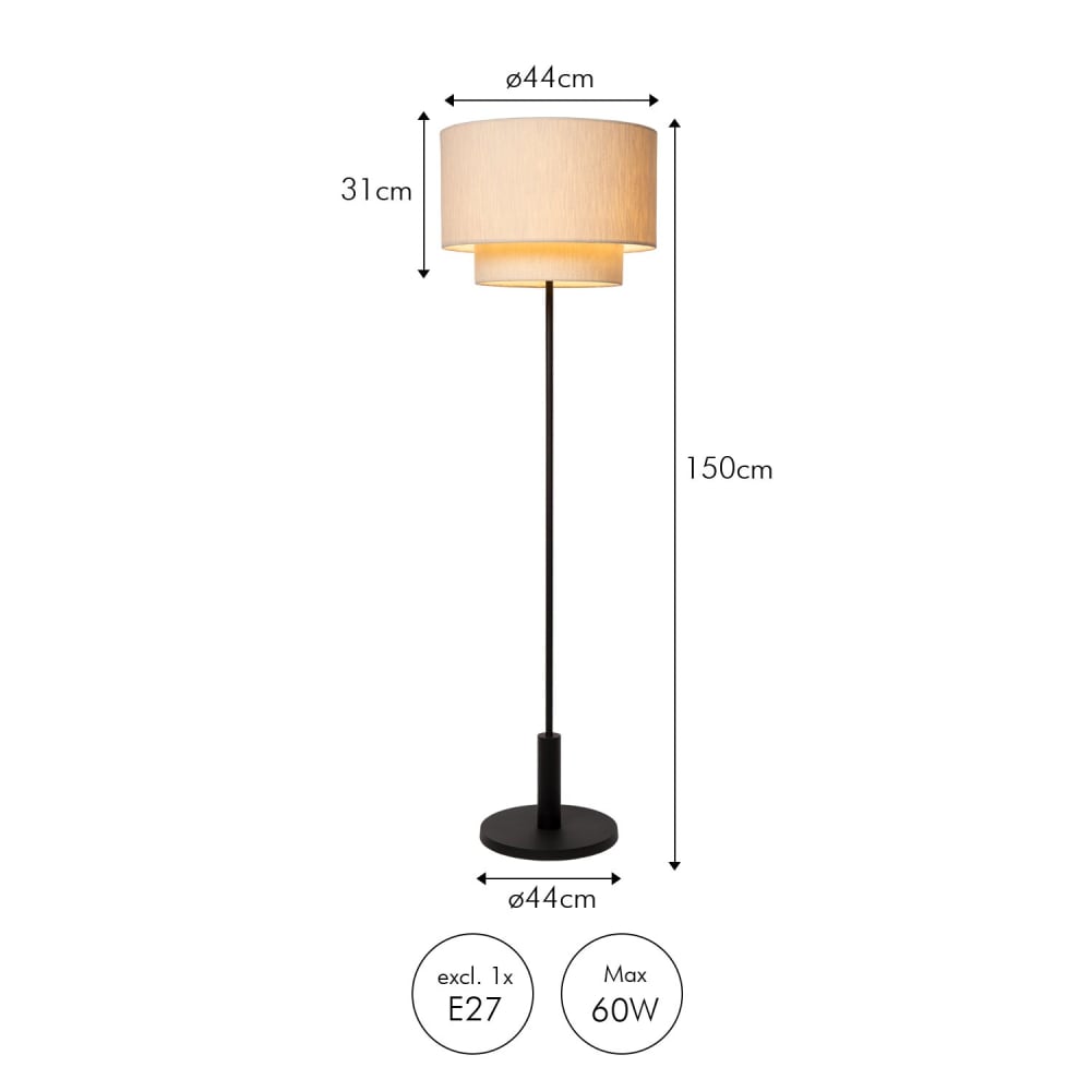Stehlampe aus Leinen und Metall, Rund, Weiß Polar