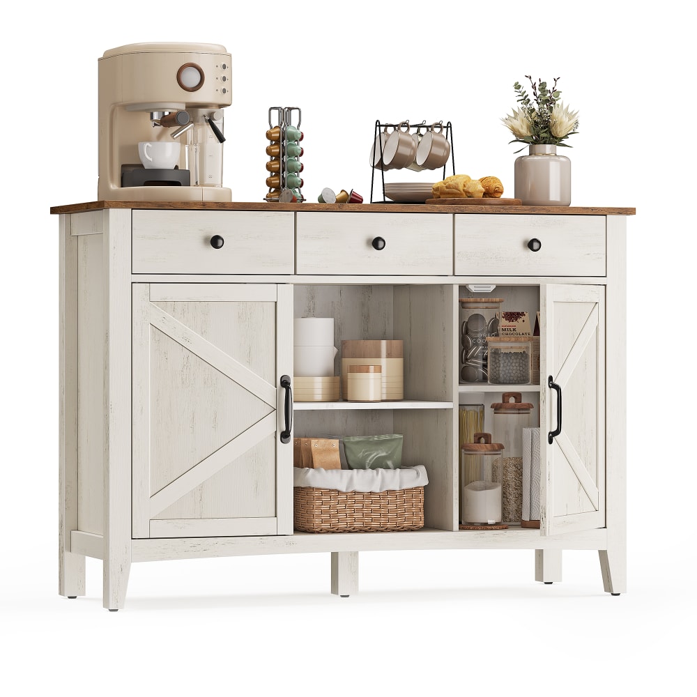 Buffet de cuisine 140x35x95cm, armoire de rangement avec tiroirs, portes, étagère, motif de bois, mdf, blanc+marron Buffet de cuisine 140x35x95cm, armoire de rangement avec tiroirs, portes, étagère, motif de bois, mdf, blanc+marron