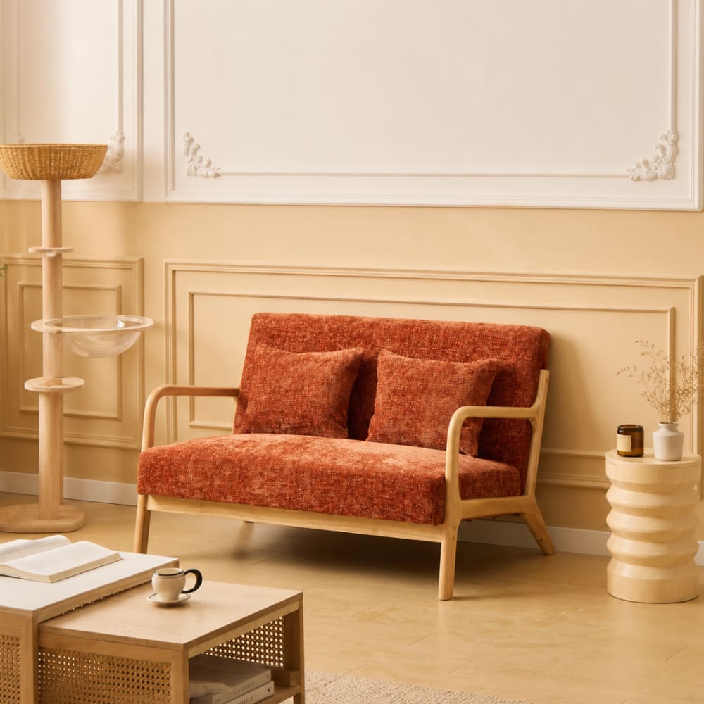 2-Sitzer-Sofa aus Massivholz und Stoff Terracotta