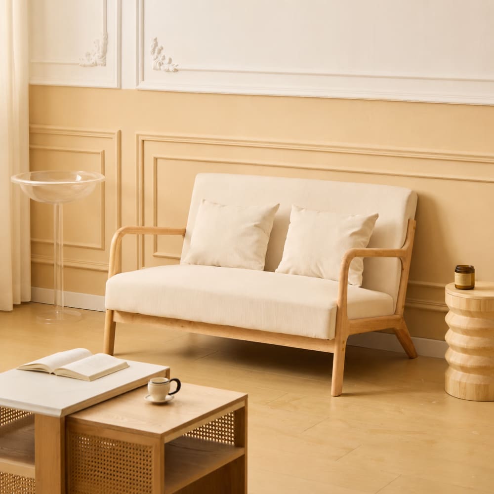 2-Sitzer-Sofa aus Massivholz und Kord Beige