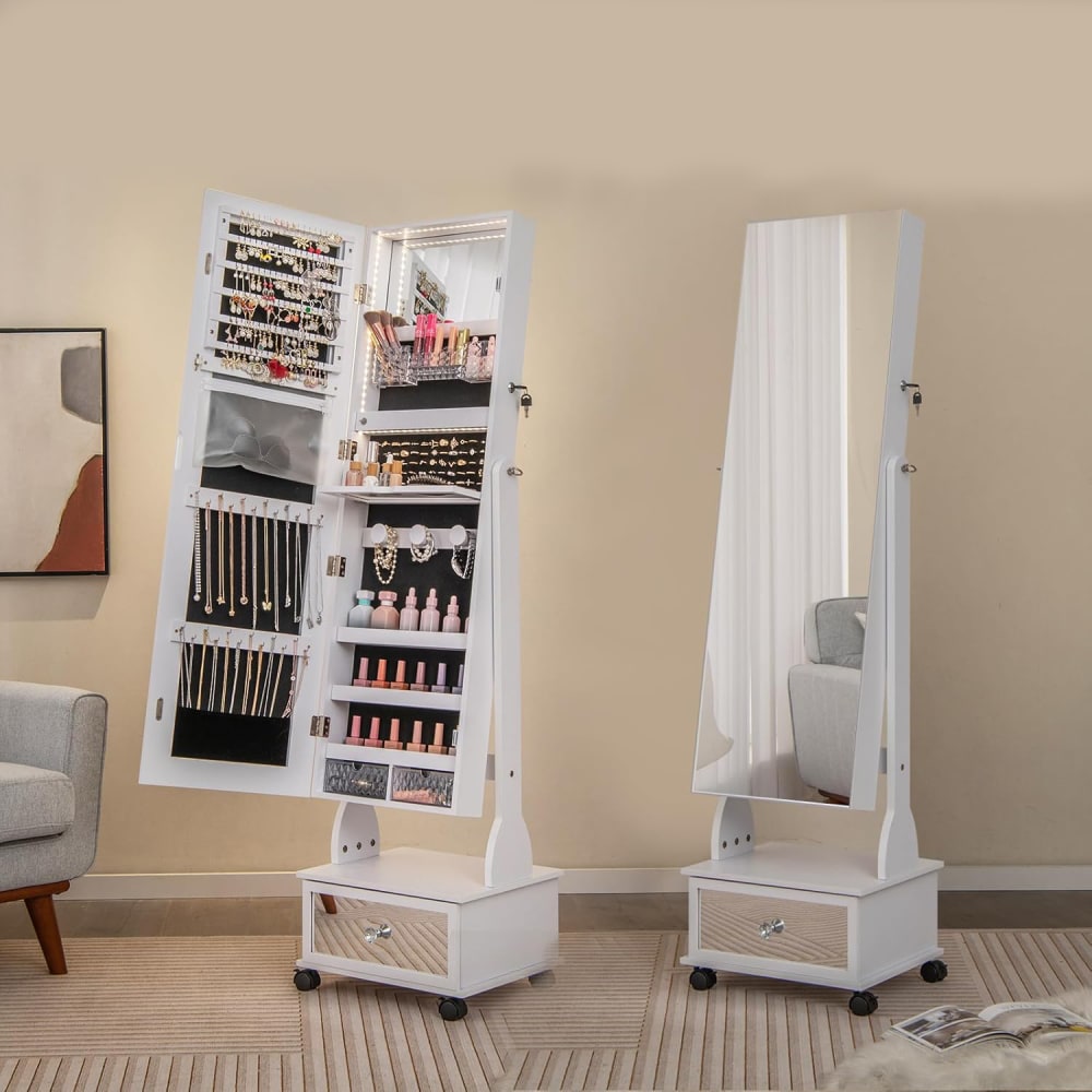 Vlsrka Armoire à Bijoux Avec Miroir LED - Mural Ou Porte - 3 Lumières - Marron - Rangement Verrouillable