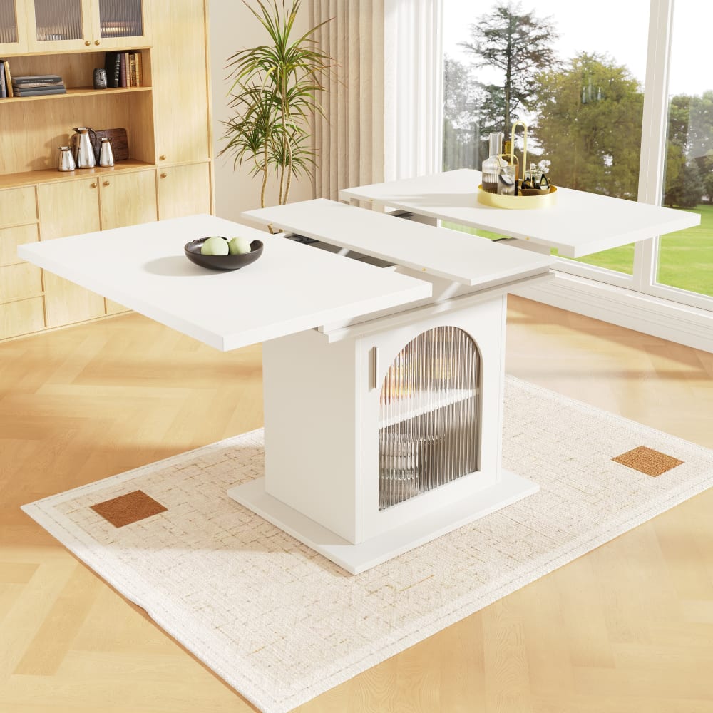 Ausziehbarer Esstisch Klein 52/132,5x80x76 Cm – Weiß, Mit Stauraum & Glasvitrine – Multifunktional, Rechteckig, Platzsparend – Für