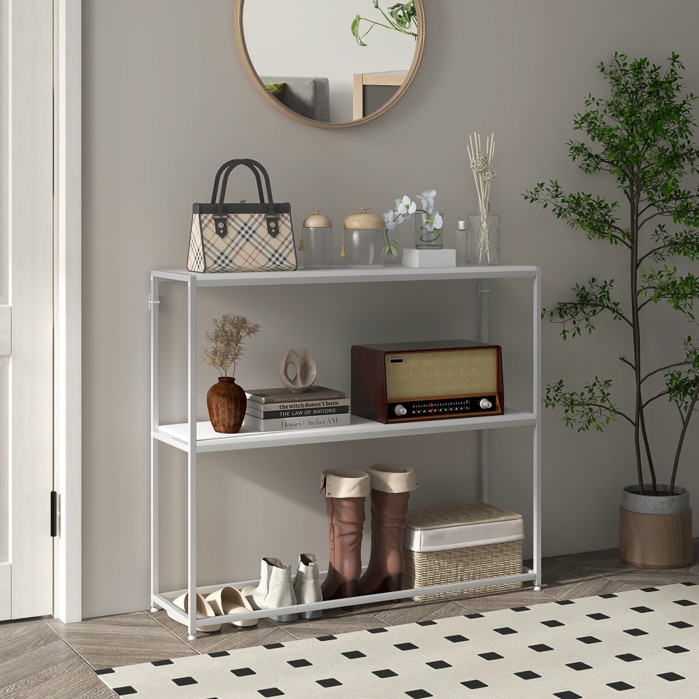 Tavolo Consolle 24/7 Shop Yetta Farmhouse 80x33x94 Cm - Rovere Bianco Con Ripiano In Metallo