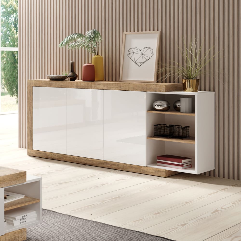 Langes Sideboard mit 3 Türen Laminierte Platten Weiß und Holz Azior