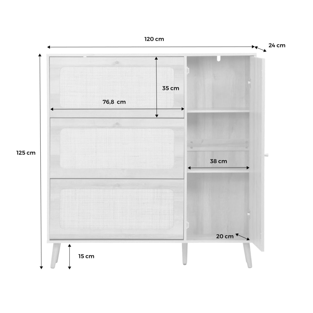 Meuble à Chaussures Alice's Home 3 Abattants Cannage Bohème - L75 X P26 X H131 Cm
