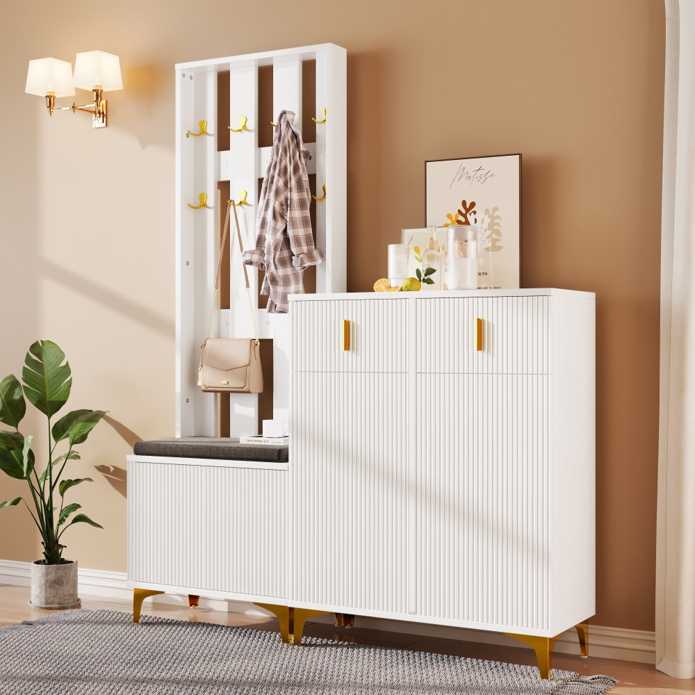 Garderoben- und Schuhschrank-Set mit Bank und Kissen,Weiß