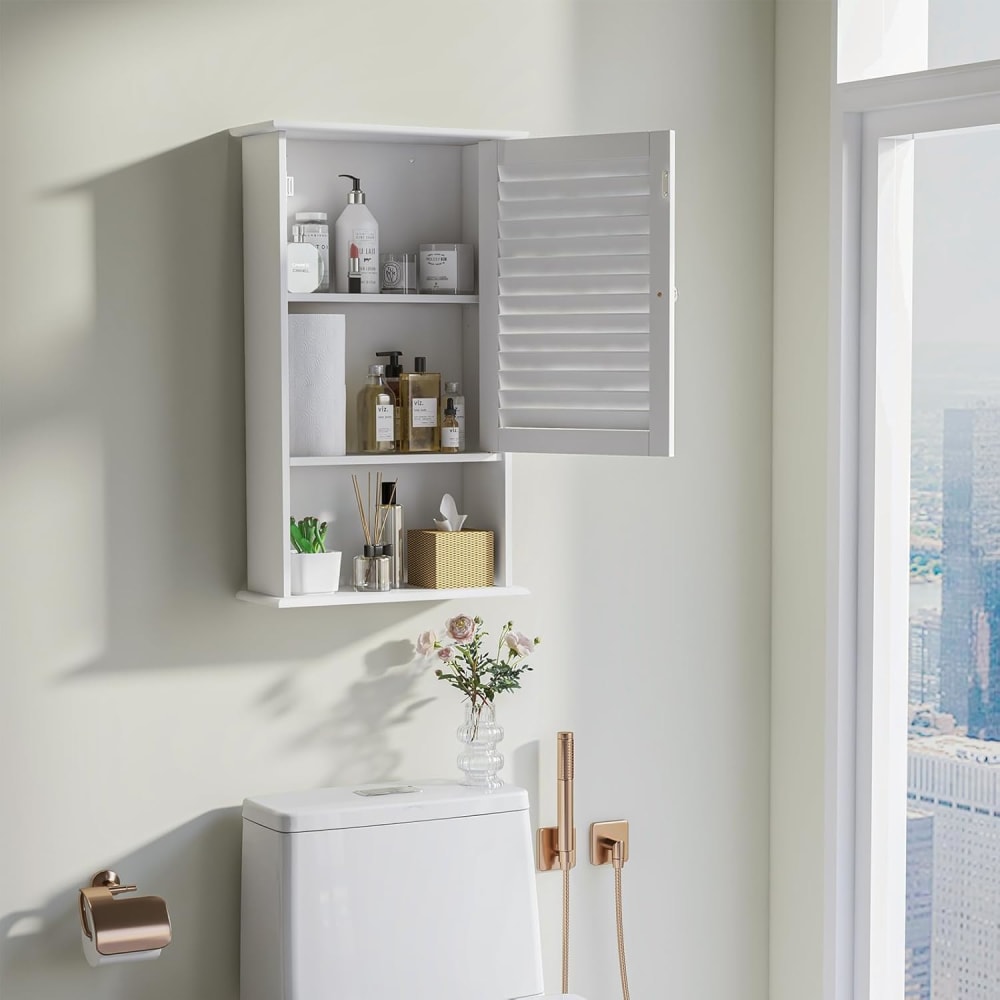 Unho Meuble Salle De Bain Mural: Armoire Toilette Suspendu En Bambou Naturel Placard WC 2 Portes Rangement Cuisine Murale Avec U00c9tagu00e8res Ru00e9glables - 59x20.5x66.5 Cm