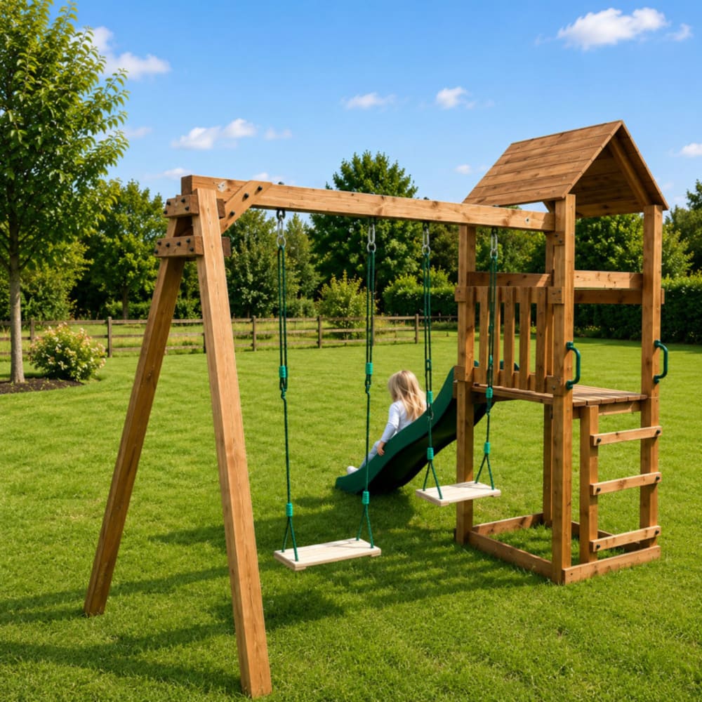 Cabane De Jeux Sur Pilotis Avec Balançoire Double Jungle Gym 954 X 342 Bois Toboggan Vert
